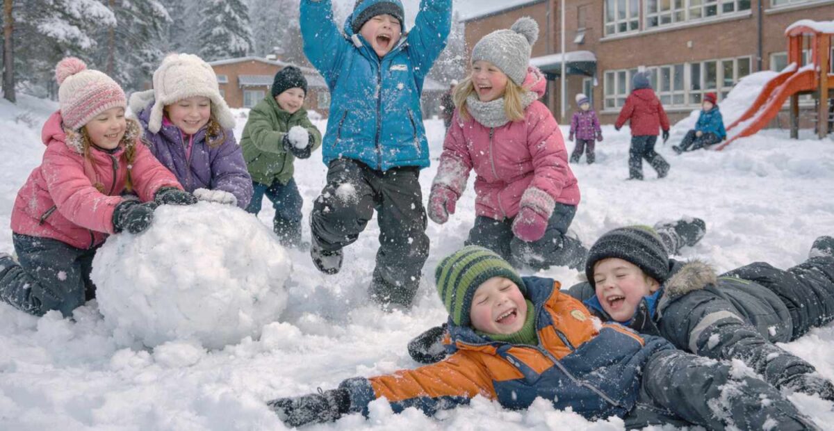 Lasten talvileikit koulun pihalla. Kuva: Stara