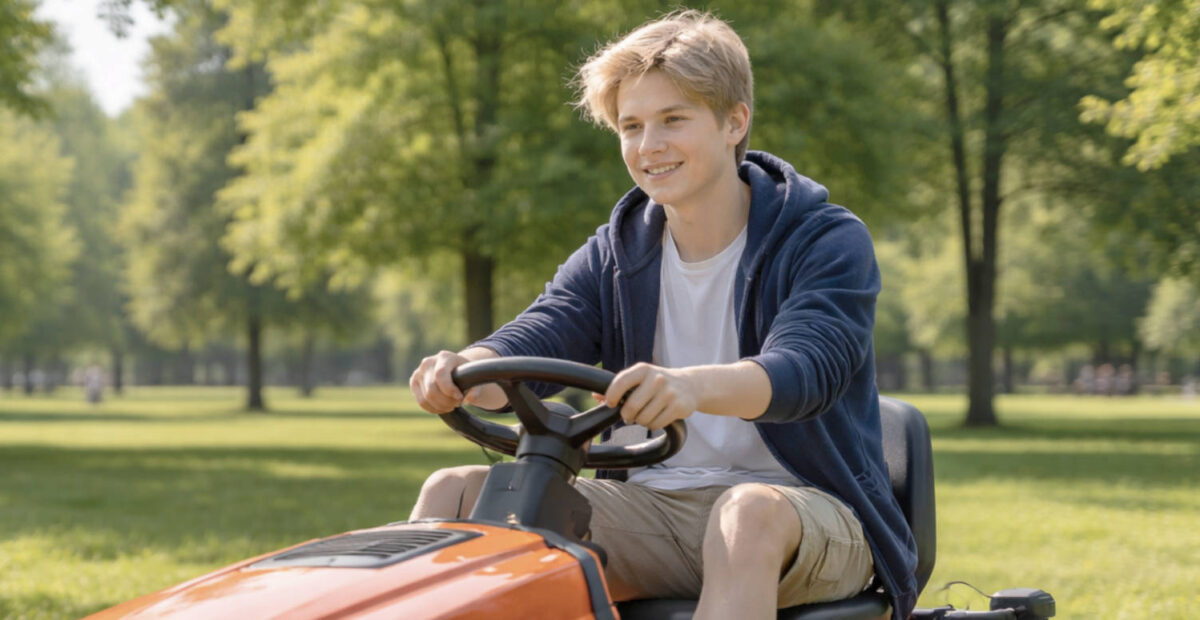 Poika ajaa ruohonleikkuria. Kuva: Stara