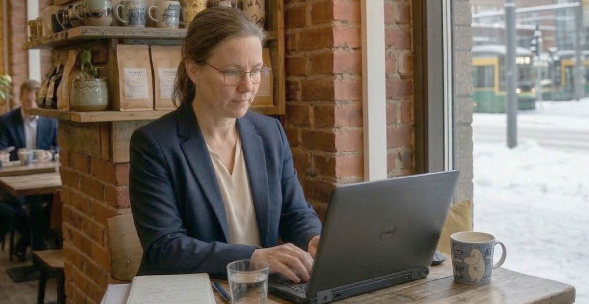 Nainen etätöissä kahvilassa. Kuvituskuva: Stara