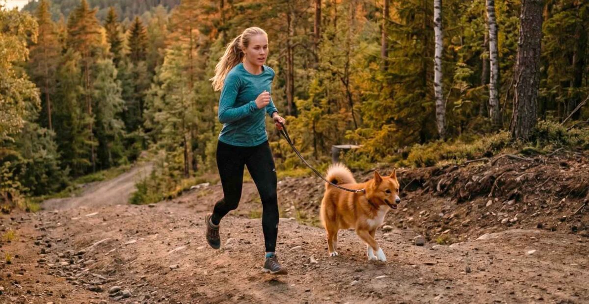 Nainen ja koira lenkillä luonnossa. Kuva: Stara