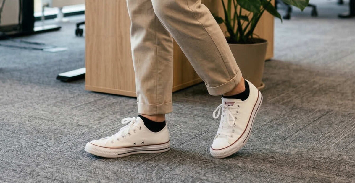 Valkoiset tennarit osana business casualia. Kuvituskuva: Stara