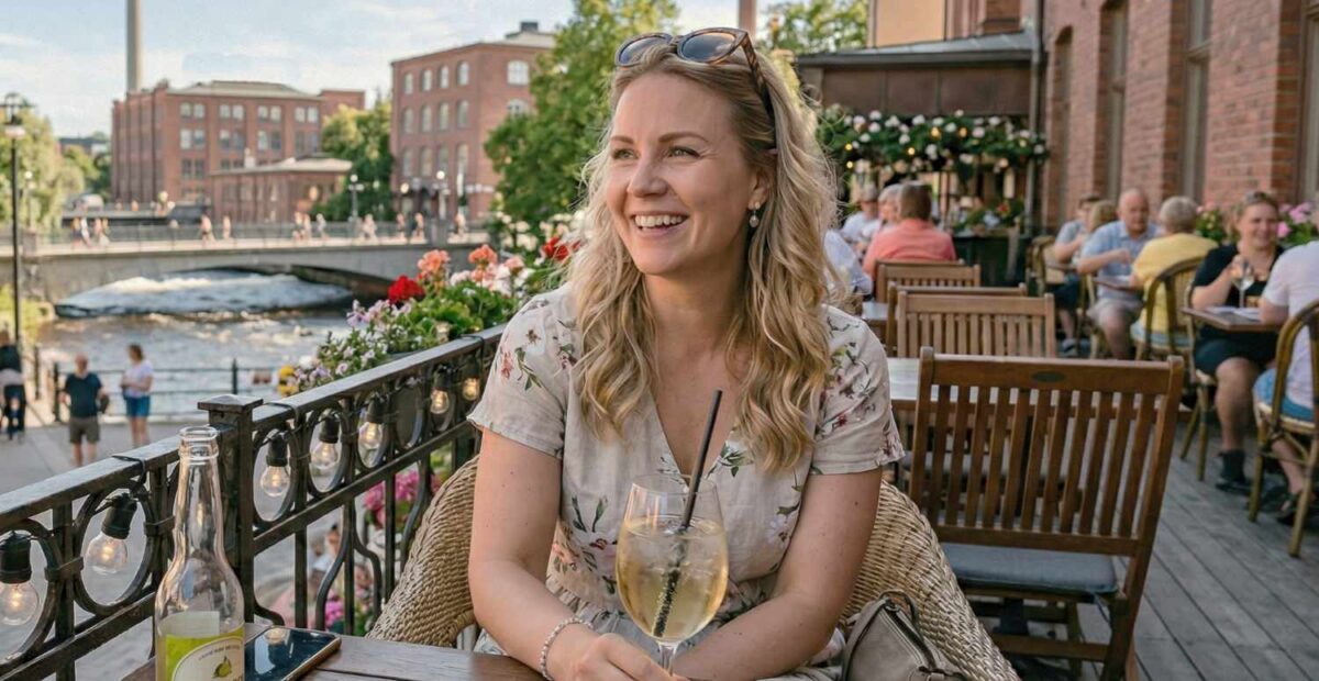 Nainen nauttimassa kesäterassilla.