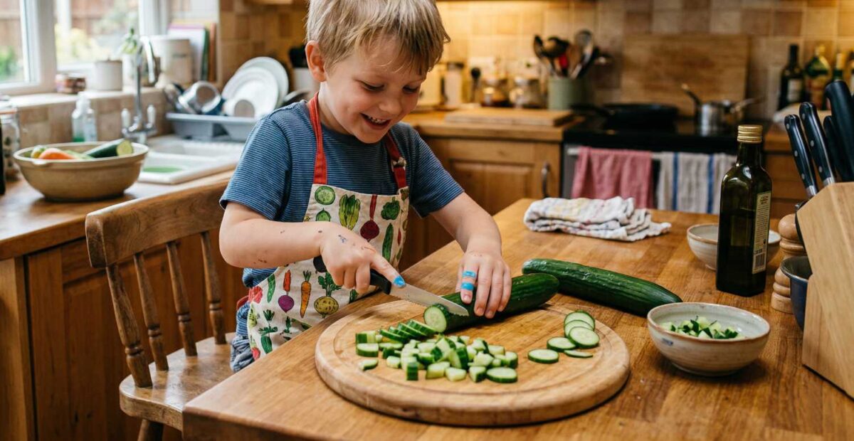 Poika viipaloi kurkkua.