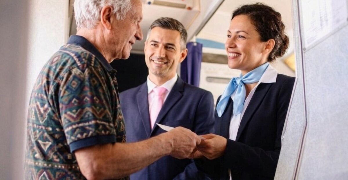 Sportti ja lentoemäntä matkustamon ovella.