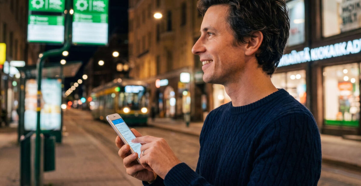 Matkapuhelin ja mies. 