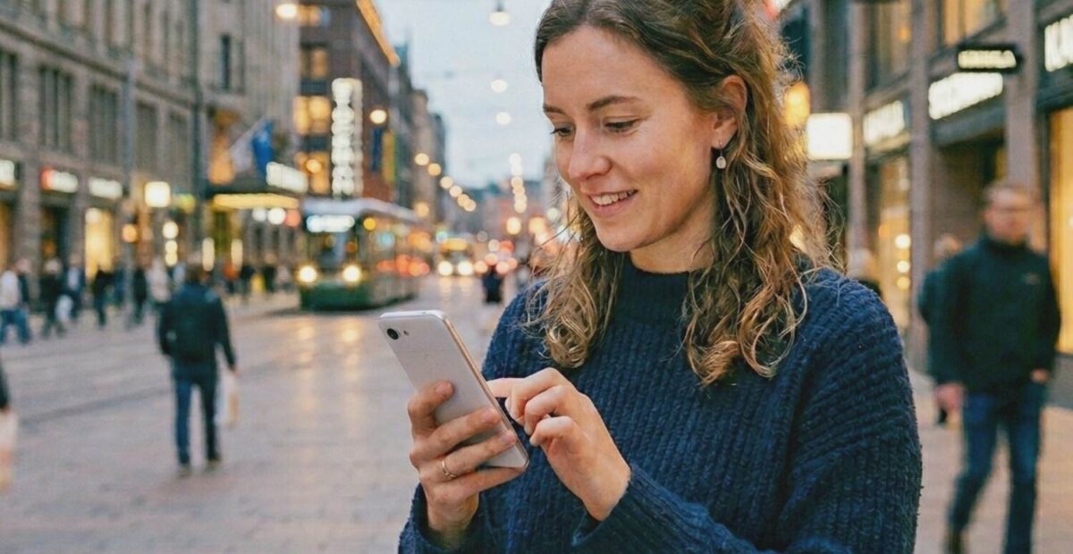 Nainen käyttää matkapuhelinta.