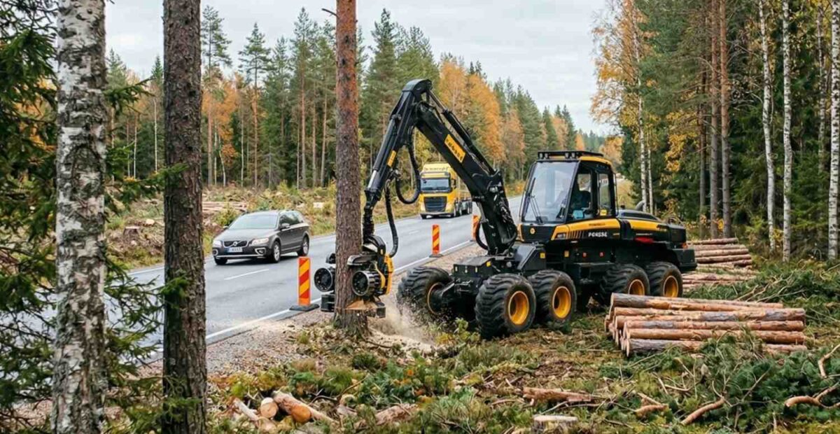 Metsäkone työssään.