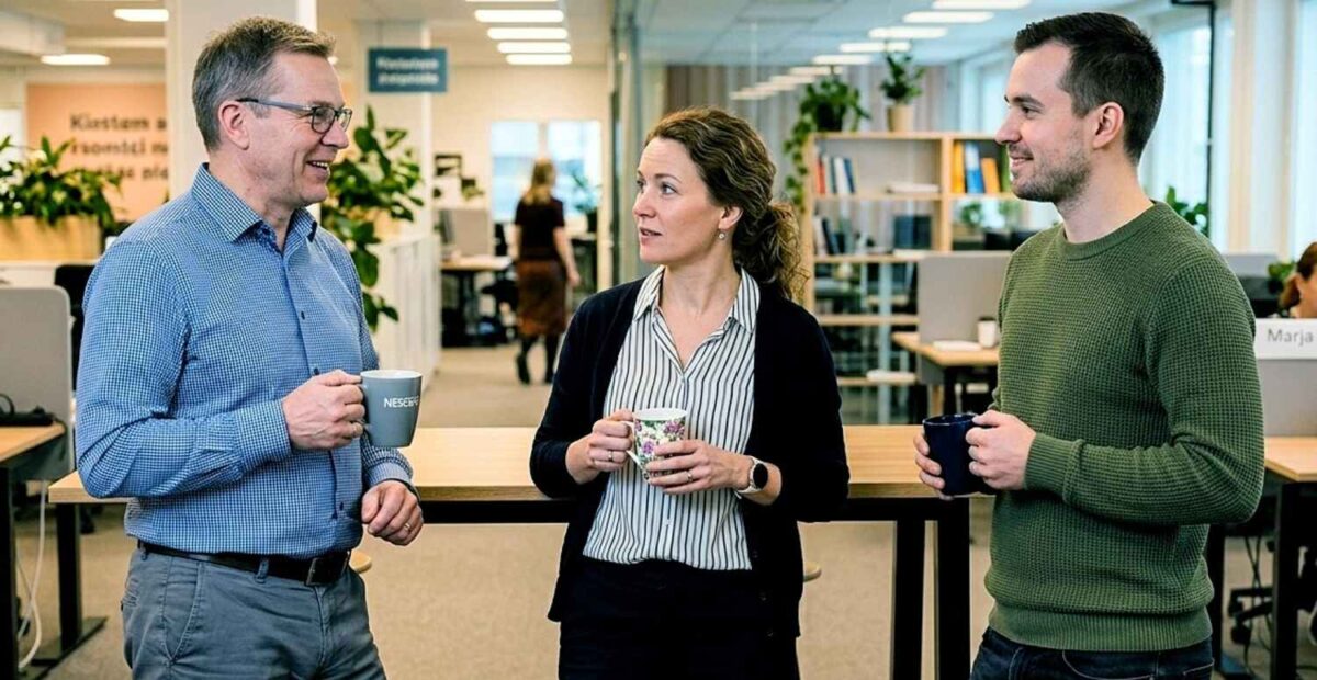 Keskustelua toimistossa. 