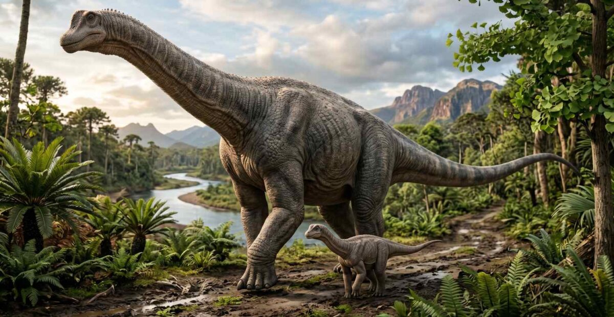 Titanosaurus. Tekoälyn tekemä kuva.