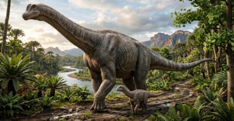 Titanosaurus. Tekoälyn tekemä kuva.